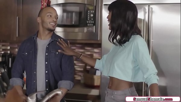 Stepbrother asks busty ebony trans Natassia Dreams to seduce his bf.He watches as he sucks her cock as she facefucks him.Then the tgirl anal fucks him