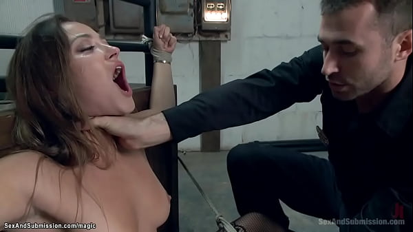 Tied brunette in black stockings Dani Daniels with legs open wide gets feet whipped then hairy pussy fucked by big cock guard James Deen
